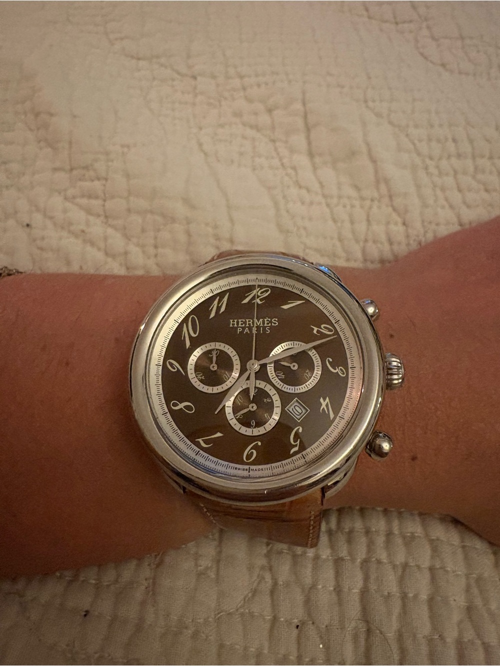 Hermes Brown Leather Strap Chronograph Watch with Silver Case JSquare 2014